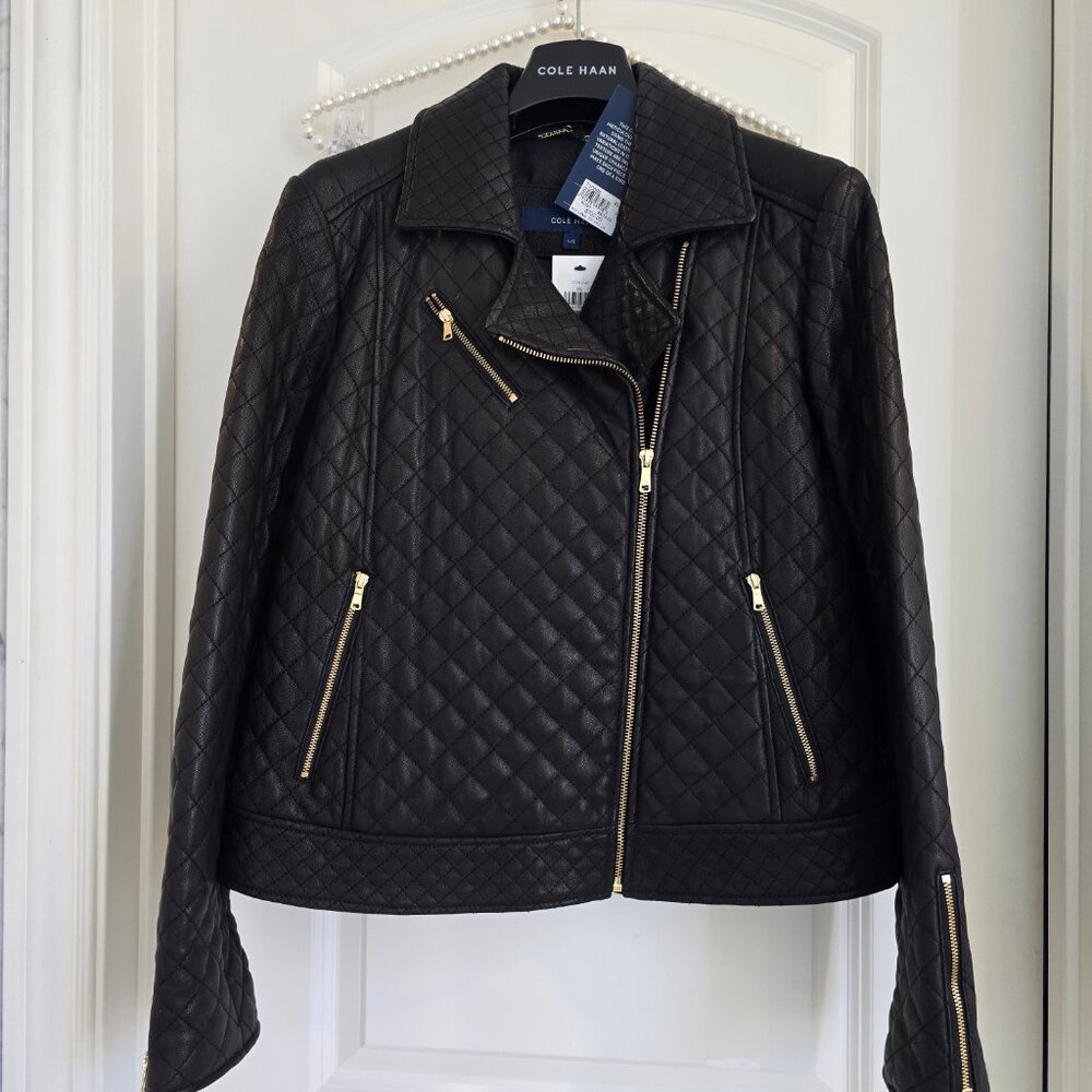 NWT Cole Haan Black Lamb Zip Front Jacket, Womens Size Large